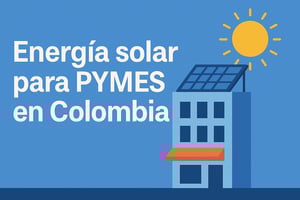 Ilustración digital de estilo plano que muestra un edificio comercial con paneles solares en el techo bajo un sol brillante, representando el uso de energía solar en PYMEs en Colombia.