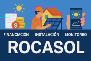 Ilustración digital en estilo plano que representa los servicios de Rocasol: financiamiento, instalación y monitoreo de sistemas solares, con íconos distintivos sobre un fondo azul brillante.