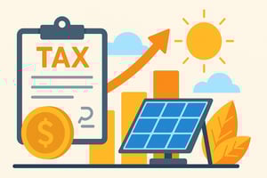Ilustración digital en estilo plano que representa los beneficios tributarios de la energía solar, con íconos de impuestos y monedas junto a paneles solares y un sol brillante, simbolizando ahorro fiscal y sostenibilidad.