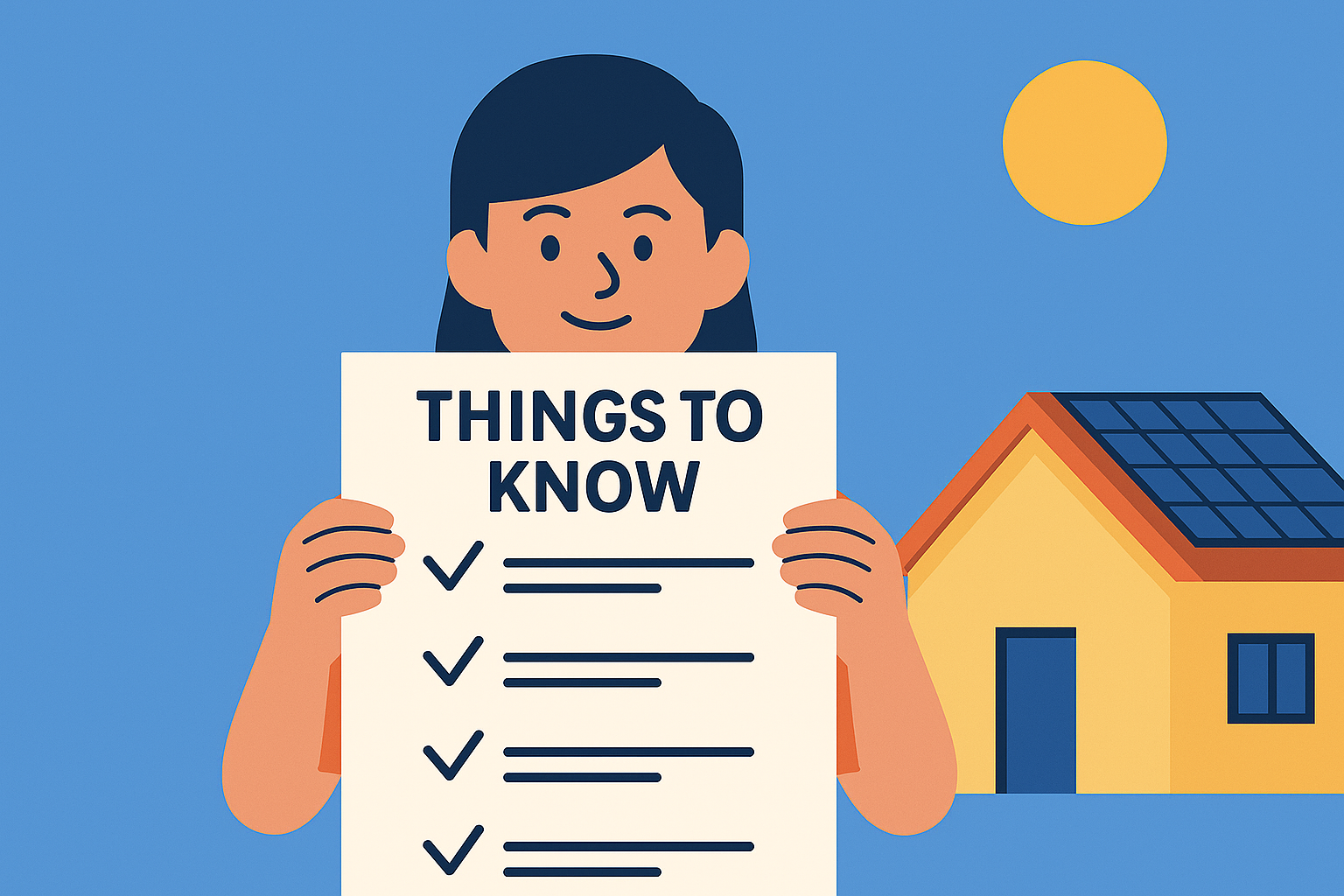 Ilustración digital de estilo plano con una persona sosteniendo una lista de cosas que debes saber sobre energía solar, junto a una casa con paneles solares bajo el sol.