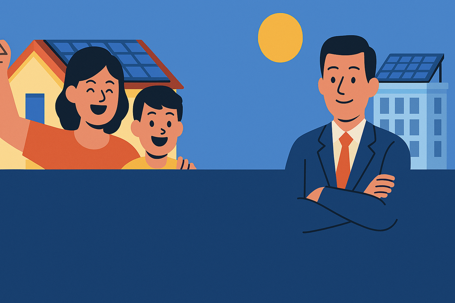 Ilustración digital en estilo plano que muestra a una familia sonriente frente a una casa con paneles solares y a un empresario junto a un edificio comercial solarizado, representando casos de éxito con energía solar.