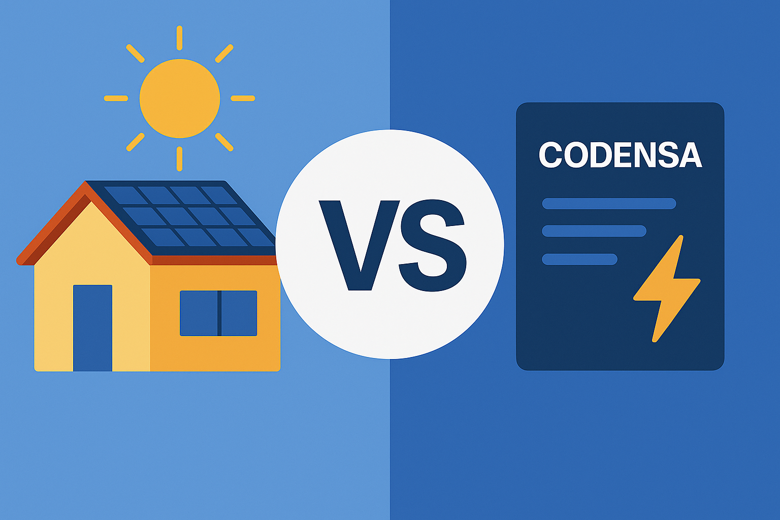 Ilustración digital de estilo plano que compara energía solar con Codensa: a la izquierda, una casa con paneles bajo el sol; a la derecha, un ícono de factura de energía tradicional, separados por un símbolo “VS” en el centro.