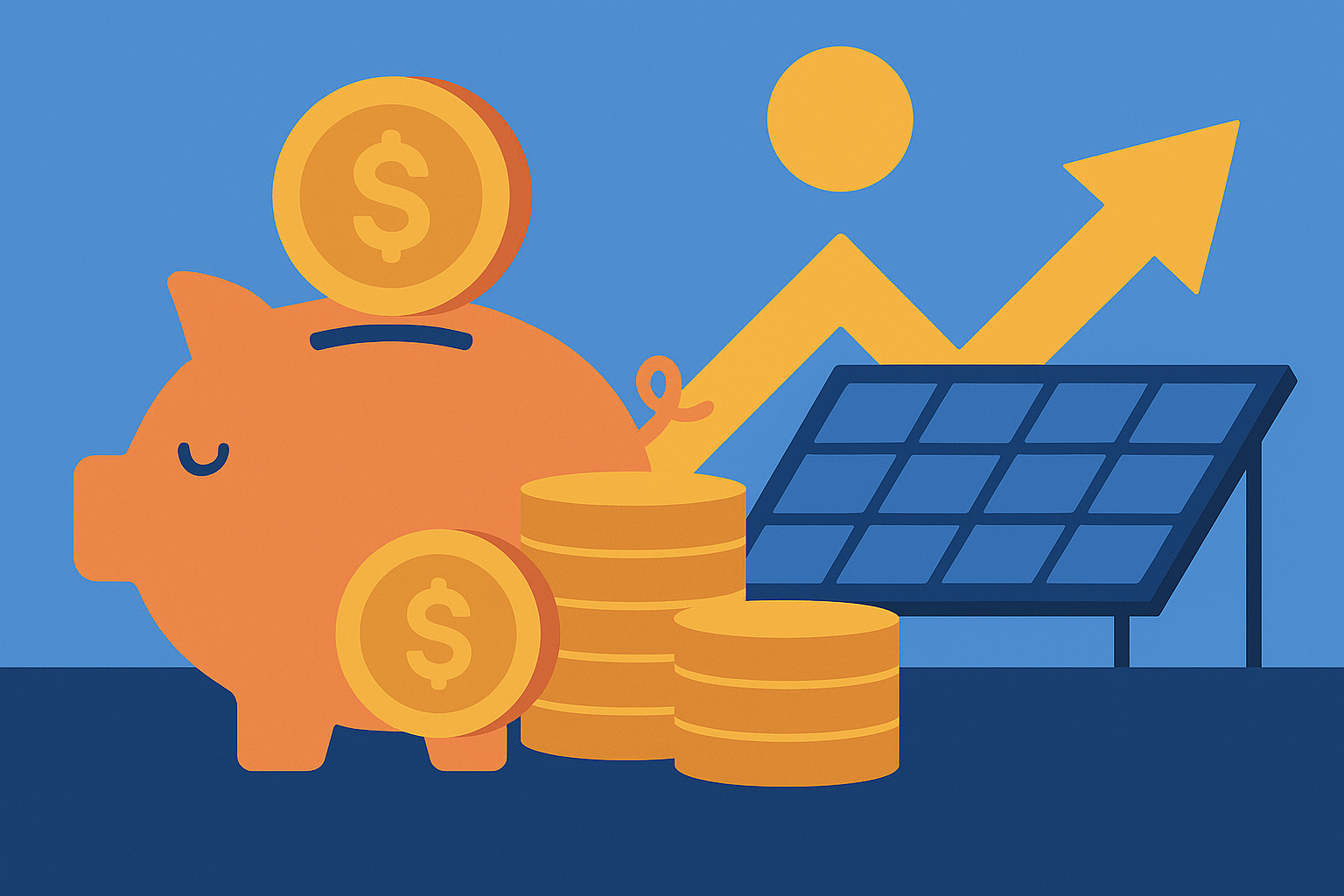 Ilustración digital de estilo plano que muestra un panel solar junto a monedas apiladas, una alcancía en forma de cerdito y una flecha dorada ascendente, representando el retorno de inversión en energía solar.