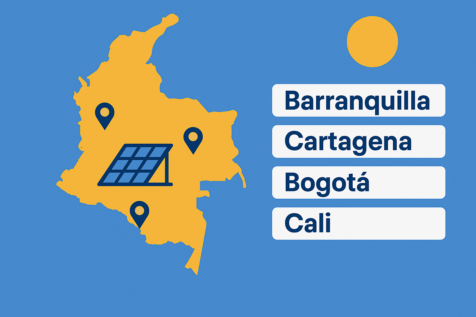 Ilustración digital de estilo plano que muestra un mapa de Colombia con un sol brillante y marcadores en ciudades clave, representando las mejores ubicaciones para instalar paneles solares.