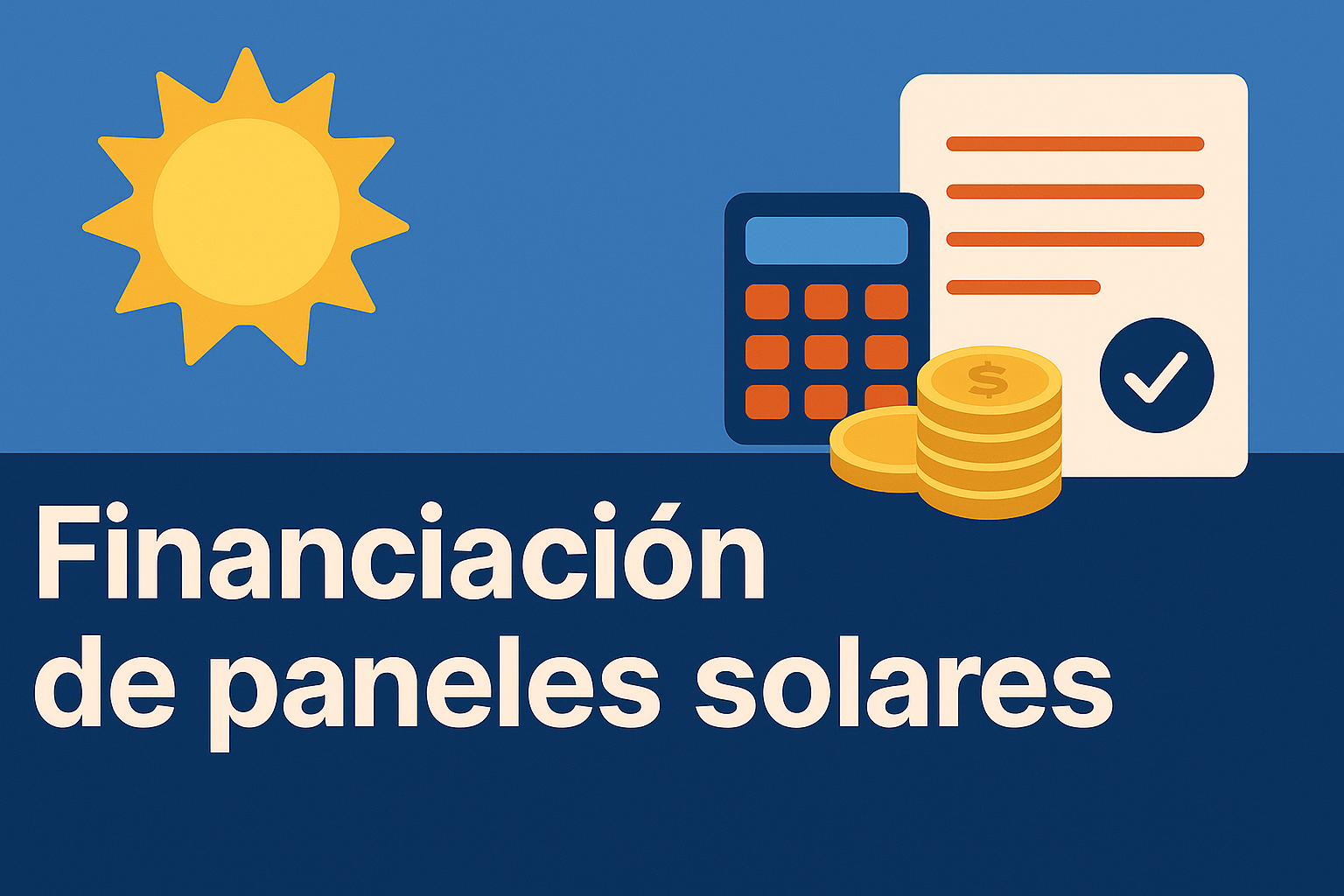 Ilustración digital de estilo plano que muestra símbolos de financiamiento como monedas, una calculadora y un documento, junto a un sol brillante, representando la financiación de paneles solares.