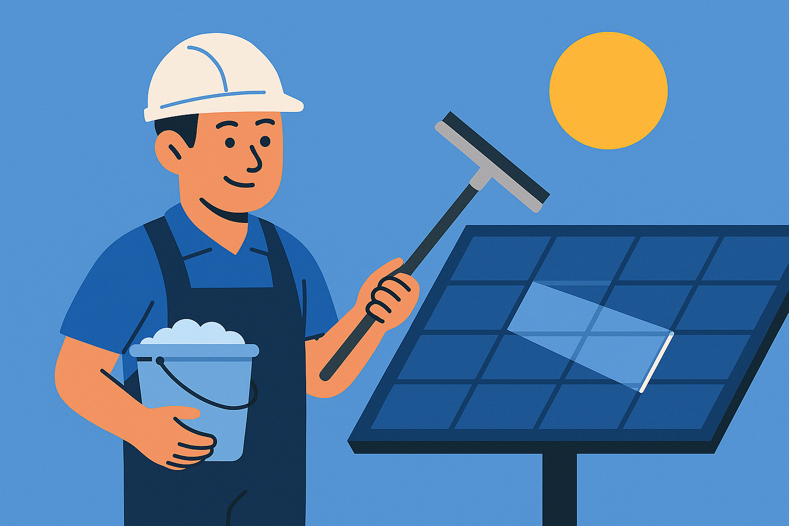Ilustración digital de estilo plano que muestra a un técnico limpiando un panel solar con una escobilla y balde, bajo un cielo soleado, representando el mantenimiento de sistemas solares.