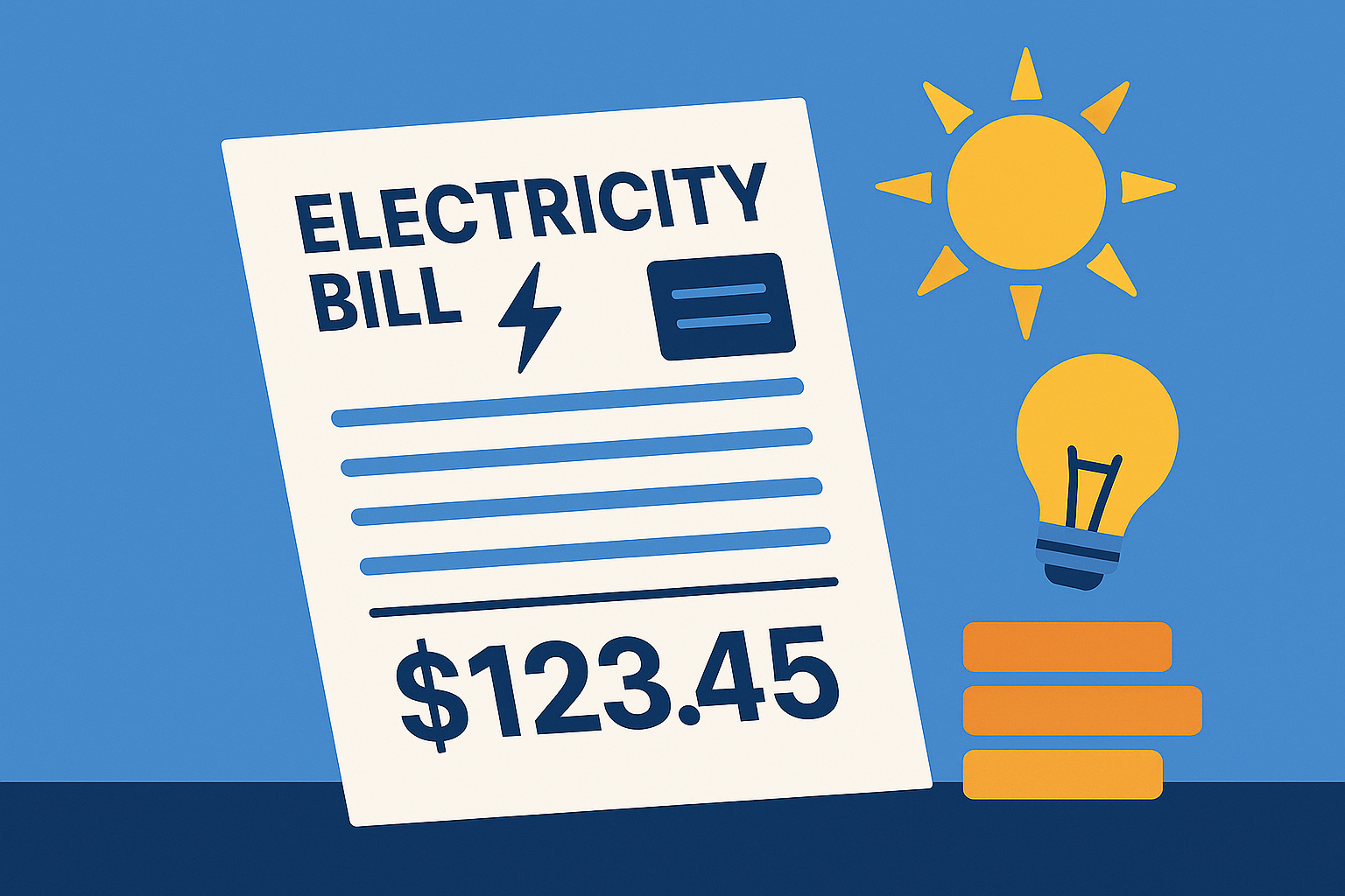 Ilustración digital en estilo plano que muestra una factura de electricidad resaltada con un monto visible, acompañada de un sol brillante, barras de consumo y un bombillo encendido, representando el análisis del costo energético.