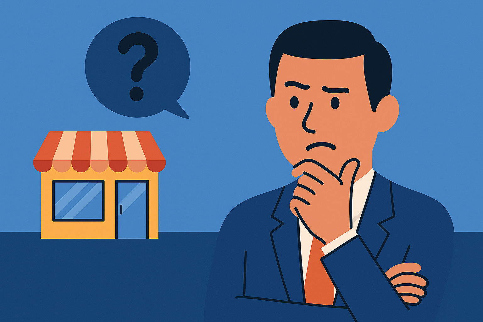 Ilustración digital de estilo plano que muestra a un hombre con expresión pensativa mirando una pequeña tienda naranja, con un signo de interrogación sobre su cabeza, representando la desconfianza hacia empresas pequeñas.