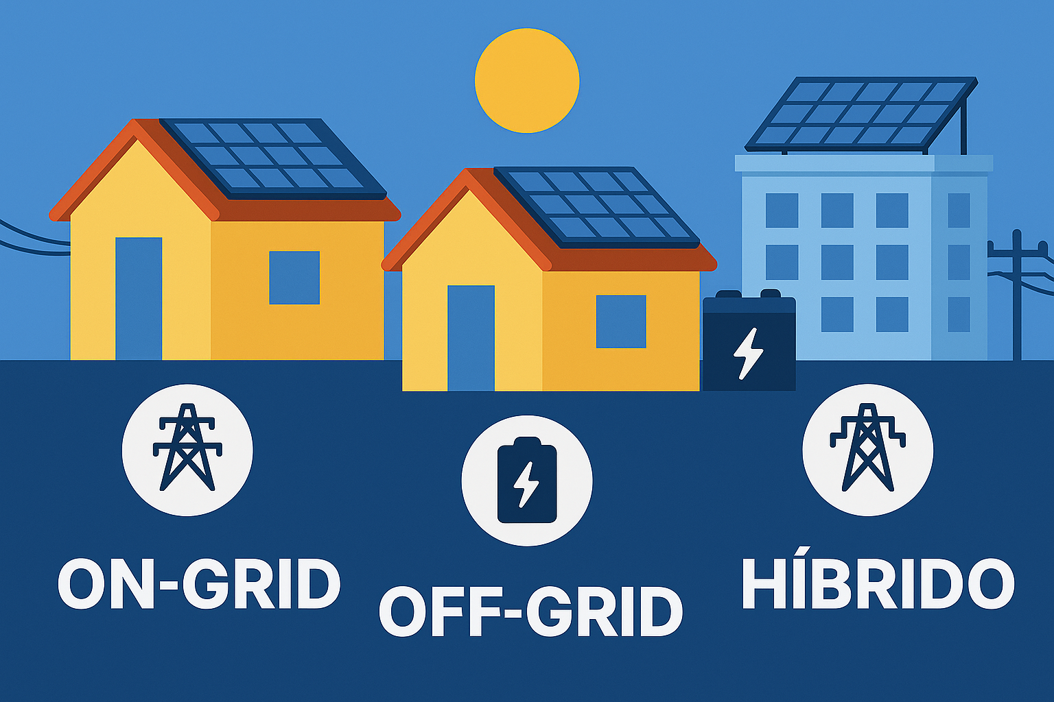 Infografía digital en estilo plano que muestra tres tipos de sistemas solares: On Grid, Off Grid e Híbrido. Cada uno representado con casas, paneles solares, baterías y conexiones a la red eléctrica bajo un cielo azul y sol brillante.