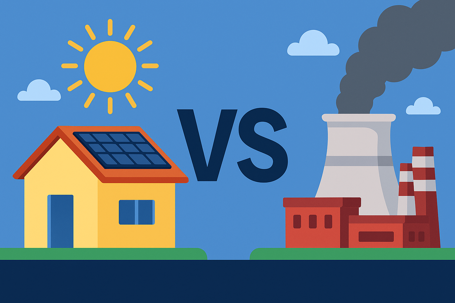 Ilustración digital de estilo plano que compara dos tipos de energía solar: una casa con paneles fotovoltaicos a la izquierda, y otra con colectores térmicos a la derecha, bajo un sol brillante y cielo azul.