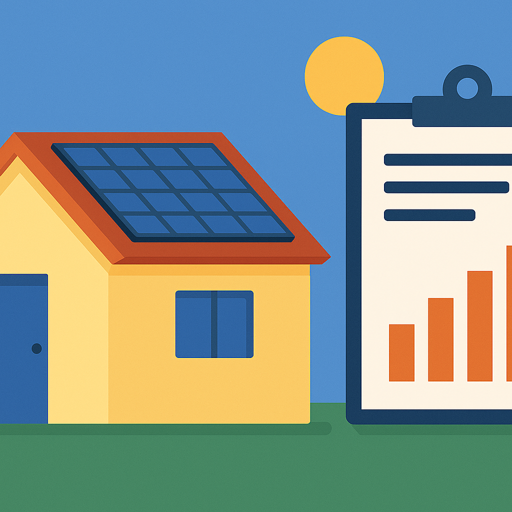 Ilustración digital de estilo plano que muestra una casa con paneles solares en el techo y una hoja de consumo eléctrico al costado, representando el cálculo de cuántos paneles se necesitan según el consumo mensual.