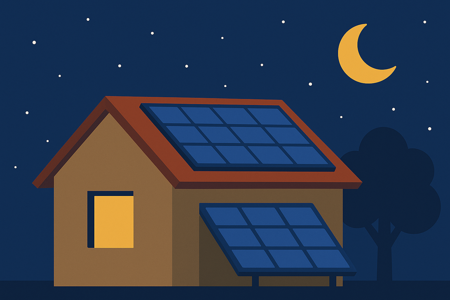 Ilustración digital de estilo plano que muestra una casa con paneles solares iluminada desde el interior en plena noche, bajo un cielo estrellado y con una luna creciente, representando el uso de energía solar compensada durante la noche.