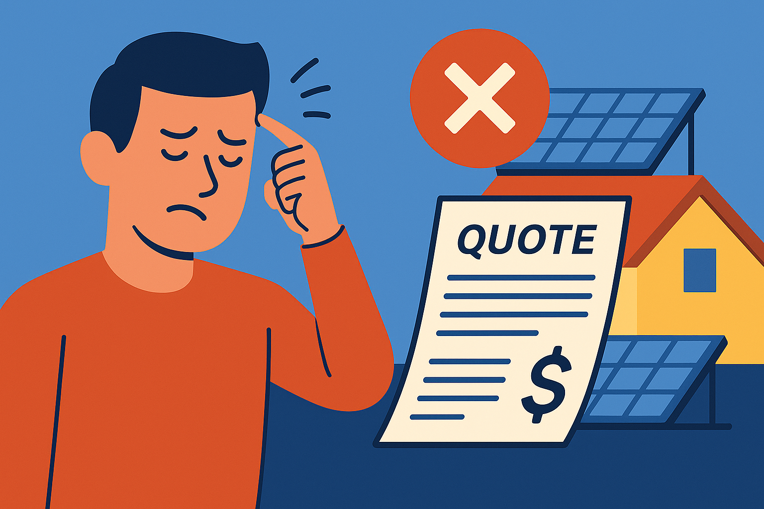 Ilustración digital de estilo plano que muestra a una persona confundida mirando una hoja de cotización con paneles solares al fondo, simbolizando errores comunes al cotizar un sistema solar.