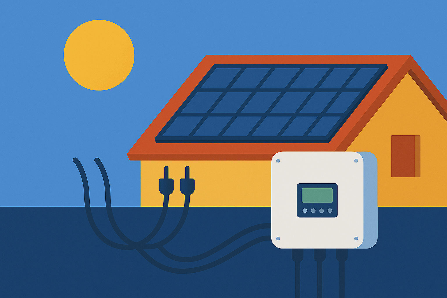 Ilustración digital de estilo plano que muestra un inversor solar conectado entre un conjunto de paneles solares y una casa, con flechas indicando el flujo de energía, simbolizando su rol clave en el sistema.