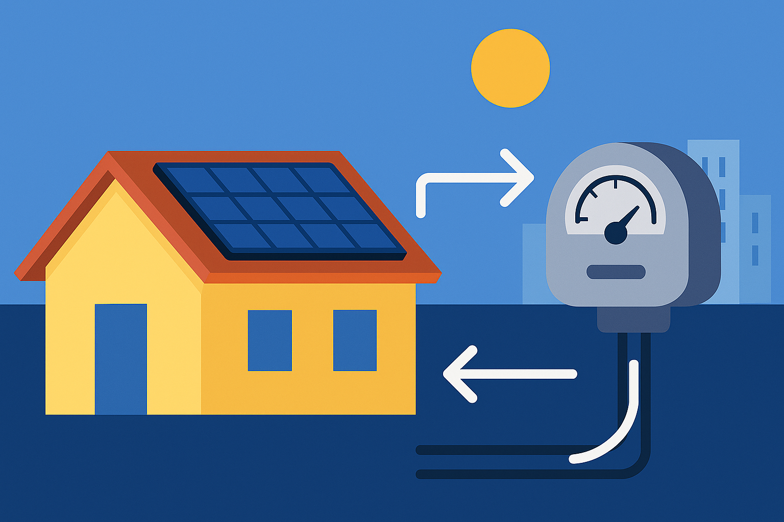 Ilustración digital de estilo plano que muestra una casa con paneles solares conectada a la red eléctrica, con flechas bidireccionales que representan el flujo de energía entre la vivienda y la red pública.