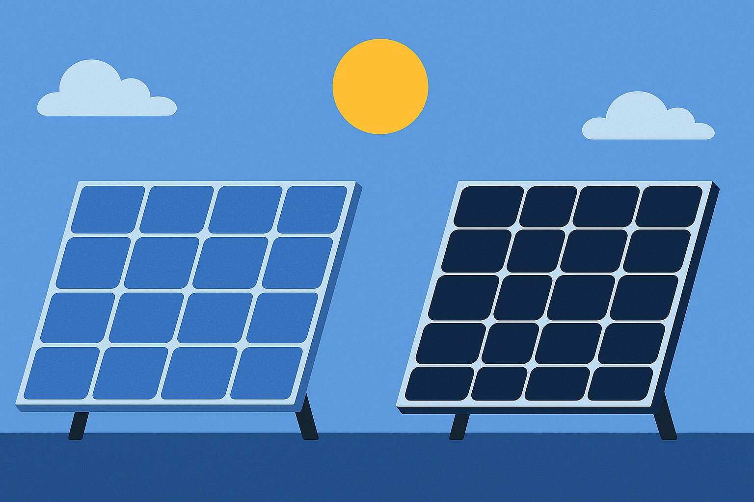 Ilustración digital de estilo plano que muestra dos paneles solares lado a lado: uno monocristalino de color negro y otro policristalino de color azul moteado, montados sobre estructuras similares bajo un cielo claro.