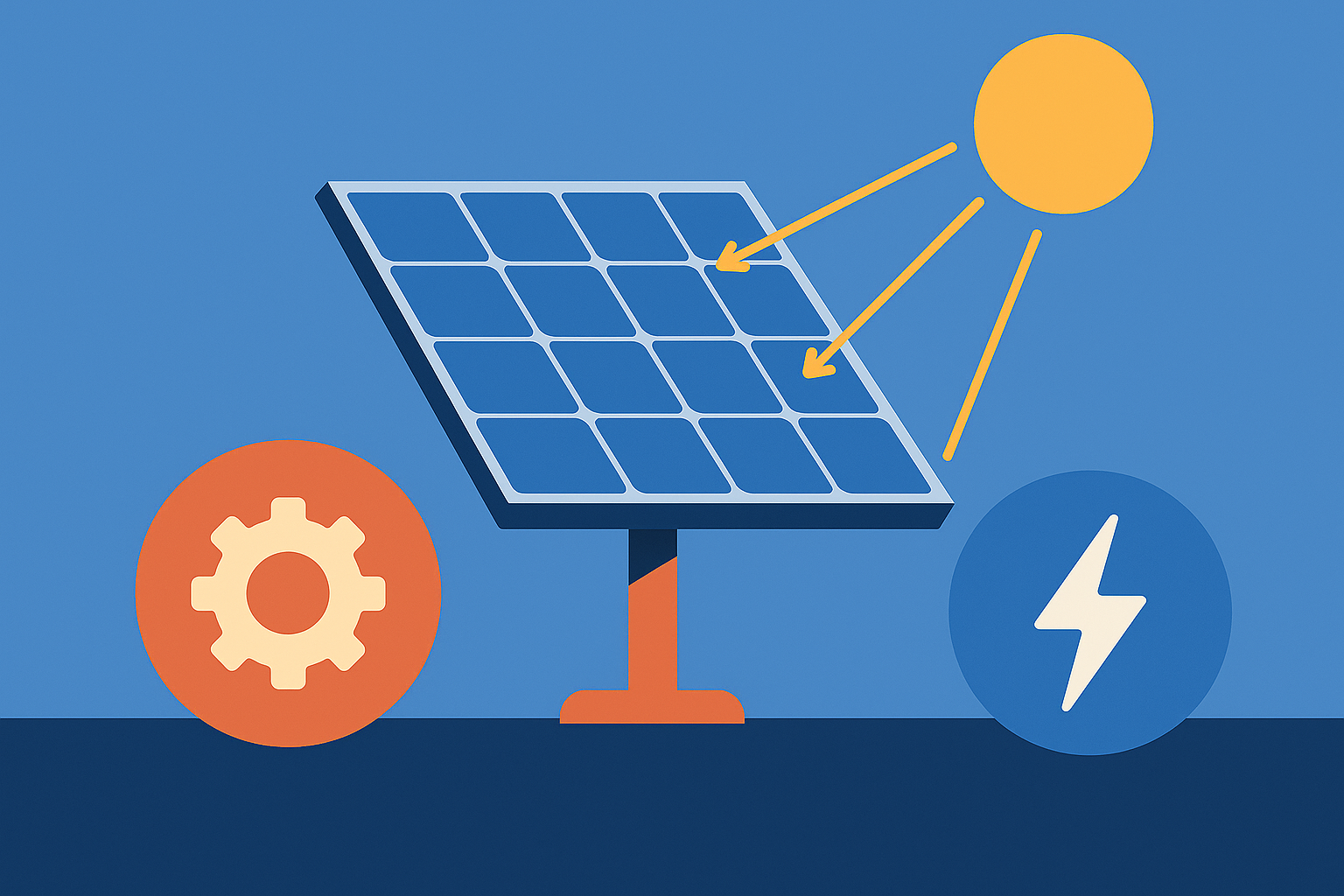 Ilustración digital de estilo plano que muestra un panel solar con indicadores de eficiencia y potencia resaltados por iconos gráficos, representando el análisis comparativo de estas dos características clave.
