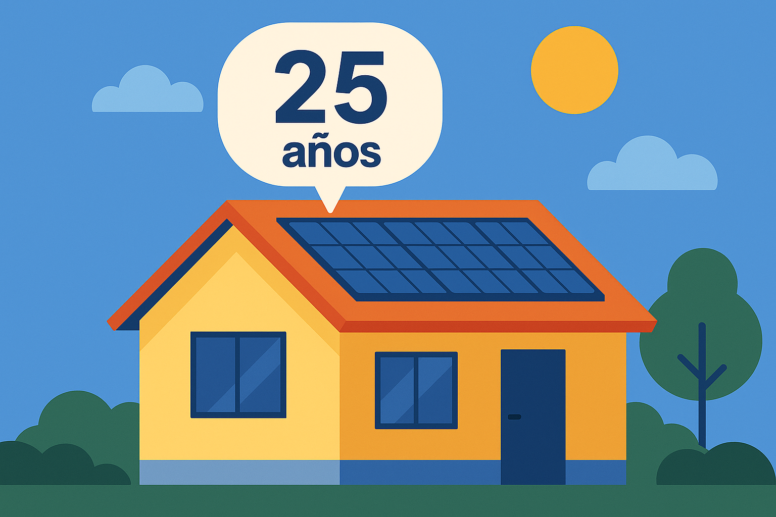 Ilustración digital de estilo plano que muestra una casa con paneles solares operando bajo distintas condiciones climáticas y a lo largo del tiempo, simbolizando la vida útil del sistema fotovoltaico residencial.
