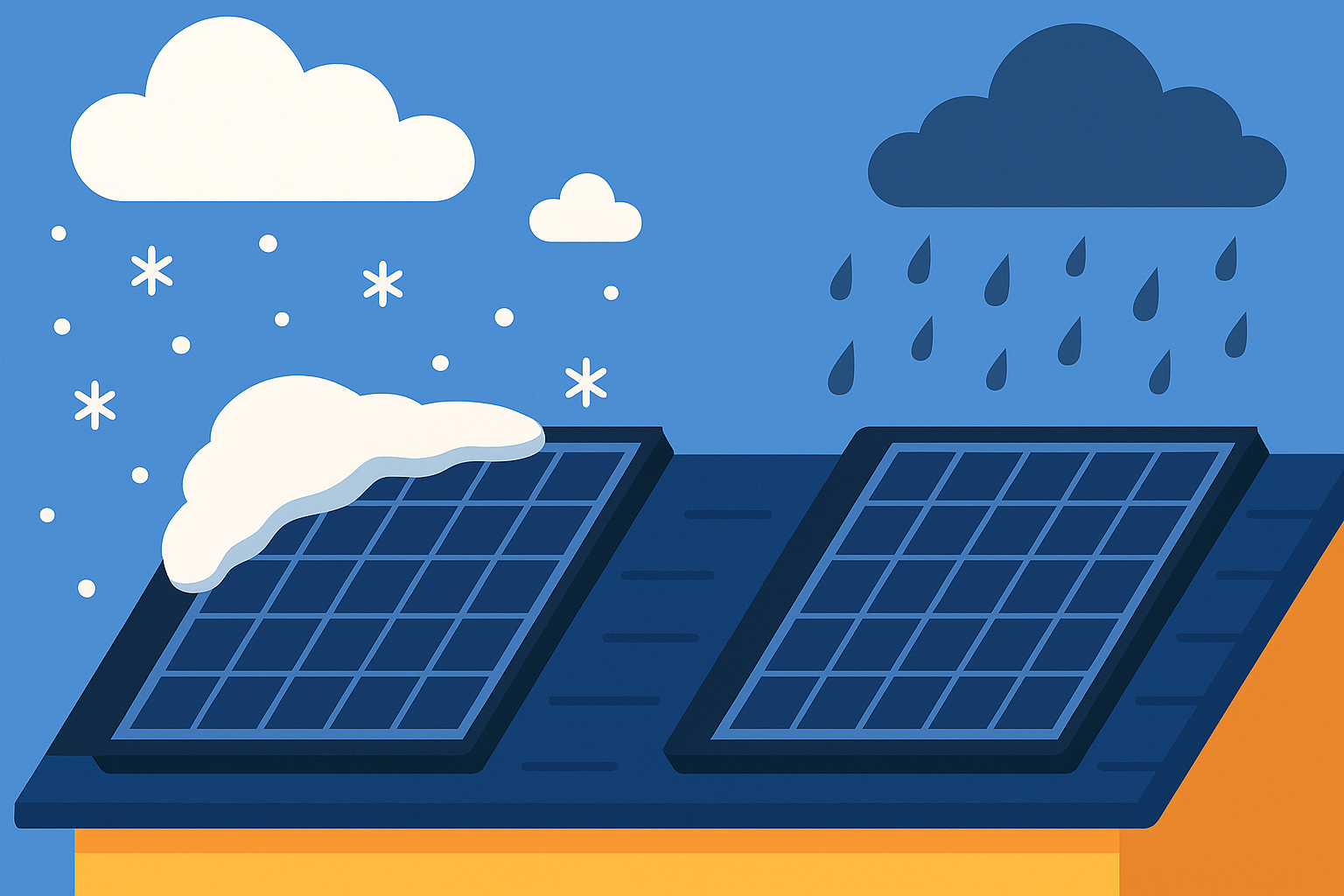 Ilustración digital de estilo plano que muestra paneles solares instalados en el techo de una casa durante una lluvia ligera, con nubes grises y gotas cayendo, simbolizando su funcionamiento en climas húmedos.