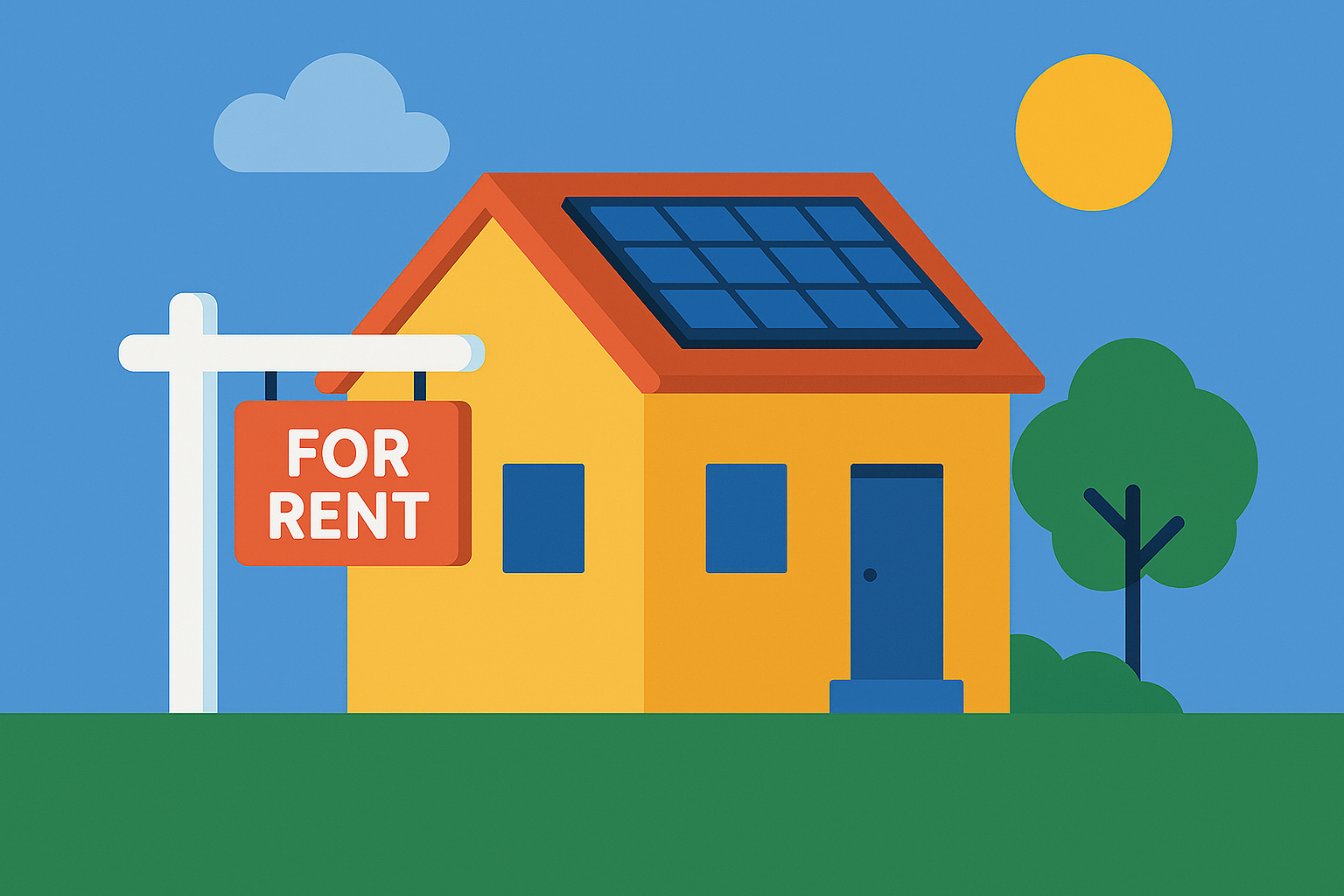 Ilustración digital de estilo plano que muestra una casa arrendada con paneles solares en el techo, habitada por una familia sonriente, representando la viabilidad de usar energía solar en propiedades alquiladas.