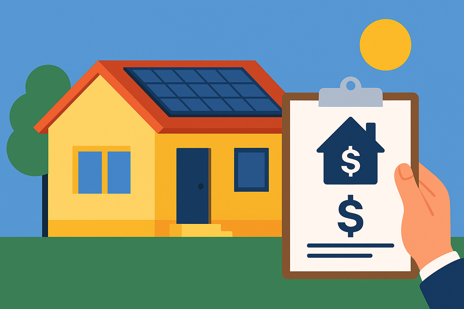 Ilustración digital de estilo plano que muestra una casa moderna con paneles solares en el techo, resaltada con íconos de aumento de valor y crecimiento económico, representando el impacto positivo de la energía solar en la valorización inmobiliaria.
