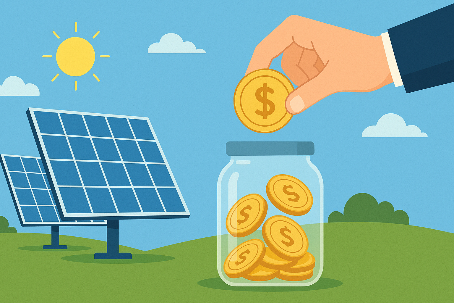 Ilustración digital de estilo plano que muestra unos paneles solares generando energía en un campo verde mientras una mano deposita una moneda en un frasco de ahorros, simbolizando el ahorro económico gracias a la energía solar.