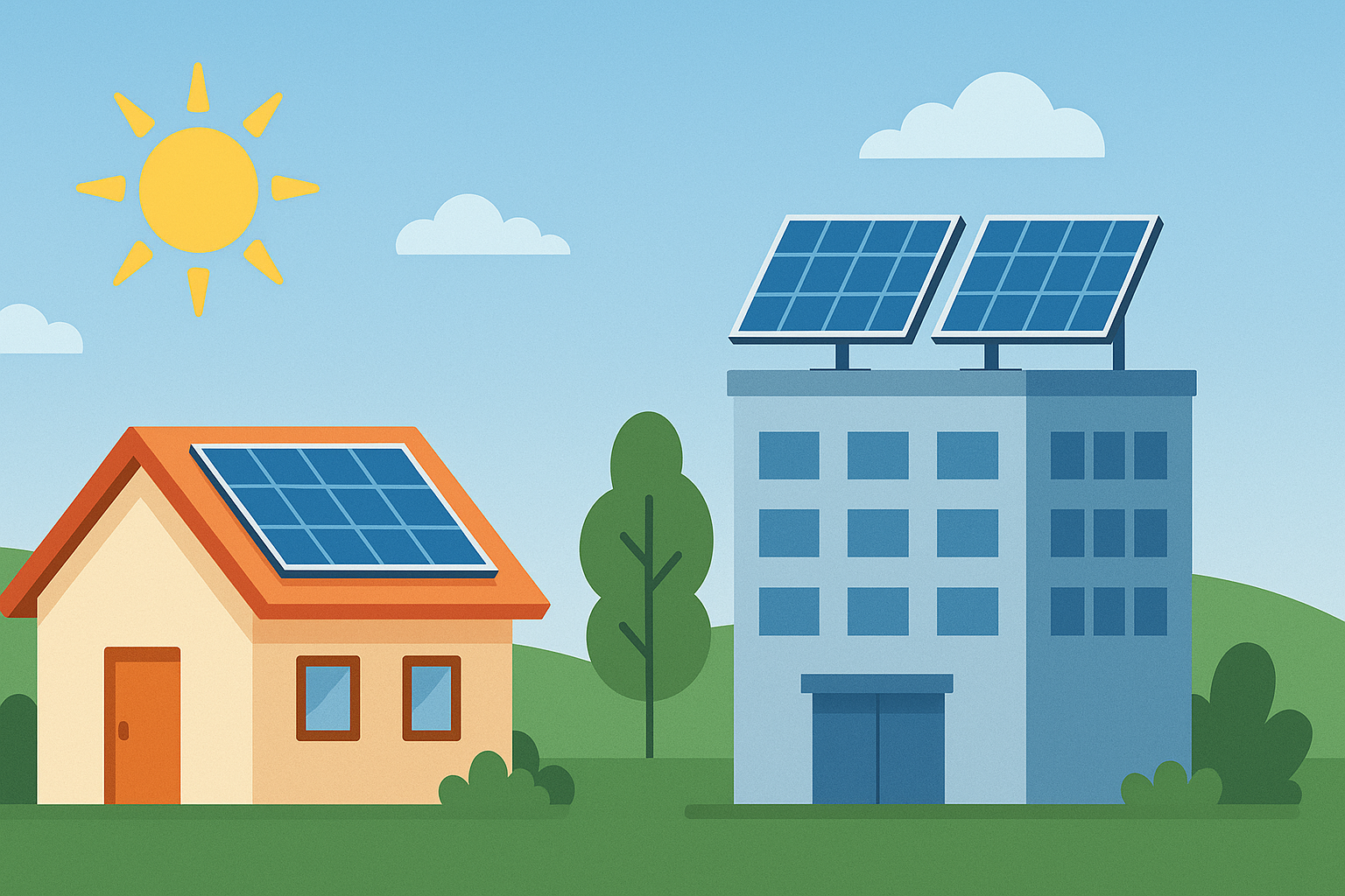 Ilustración digital de estilo plano que muestra una casa y una empresa con paneles solares en sus techos, bajo un cielo soleado, simbolizando el uso compartido de energía solar en entornos residenciales y comerciales.