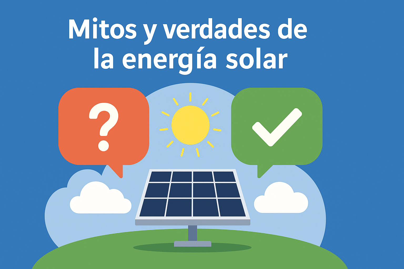 Ilustración digital de estilo plano con un panel solar al centro, acompañado de burbujas de diálogo que simbolizan mitos (❓) y verdades (✅) sobre la energía solar, bajo un cielo azul y un sol brillante.